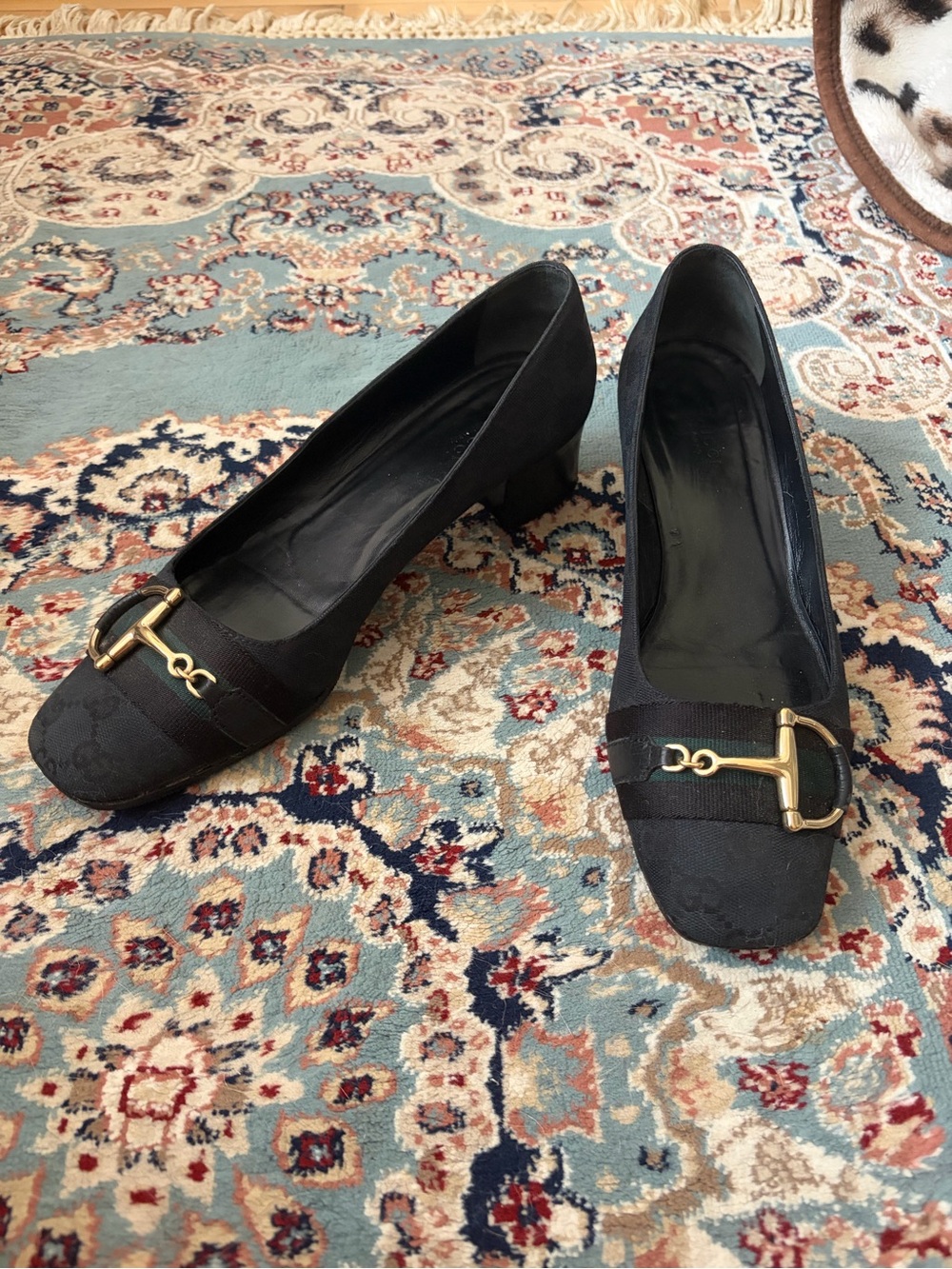 Vintage Gucci GG Monogram Horsebit Heels Black Gold Size 11